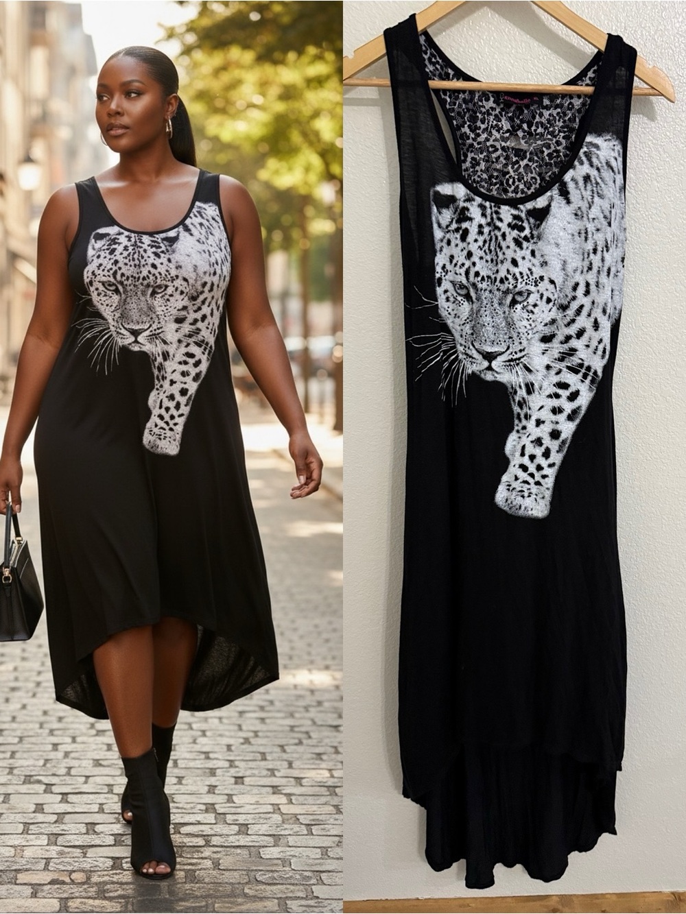Annabelle XL Leopard Graphic Black Hi-Low Maxi Dress Y2K Cutout Back